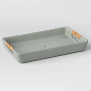STUDIO MCGEE NEW rectangular earthenware tray with raffia wrap handles -10.04”